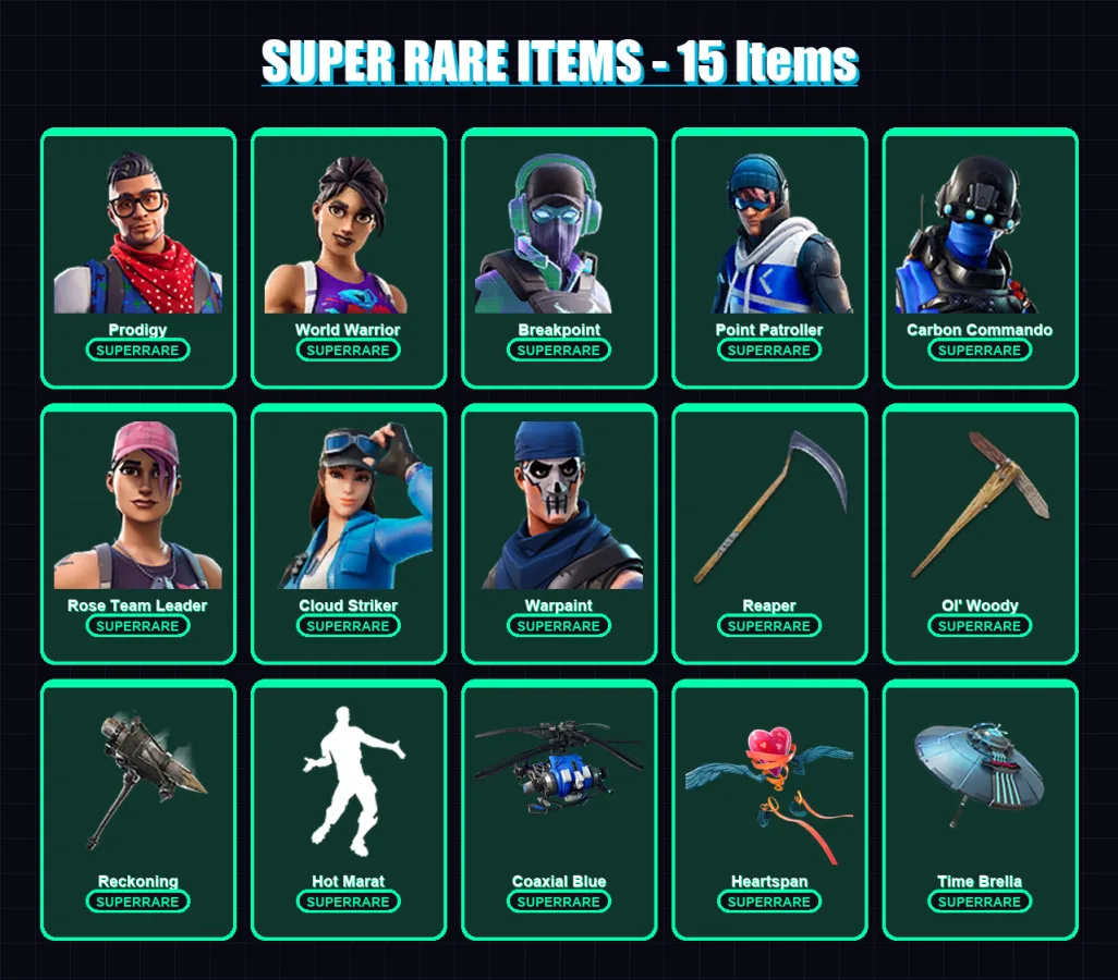 [PC/XBOX/PSN] | Prodigy | World Warrior | Breakpoint | Point Patroller | Carbon Commando | 122 skin | 105 pickaxe | 120 emote | 103 glider | Lv1237