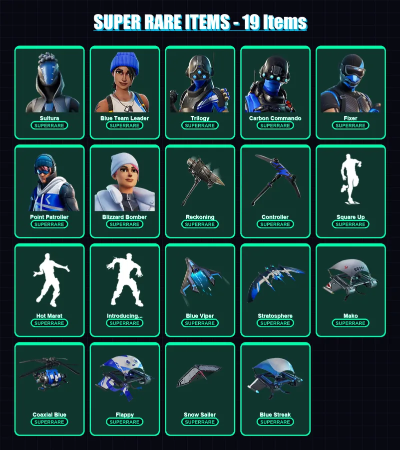 [PS4/PS5/XBOX/PC] | Sultura | Blue Team Leader | Trilogy | Carbon Commando | Fixer | 136 skin | 145 pickaxe | 137 emote | 151 glider | Lv1795
