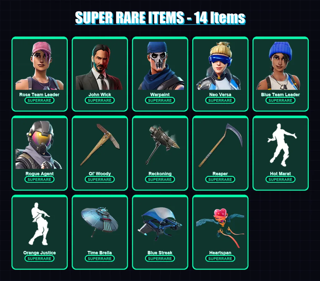 [PC/XBOX] | Rose Team Leader | John Wick | Warpaint | Neo Versa | Blue Team Leader | 123 skin | 100 pickaxe | 113 emote | 99 glider | Lv1556