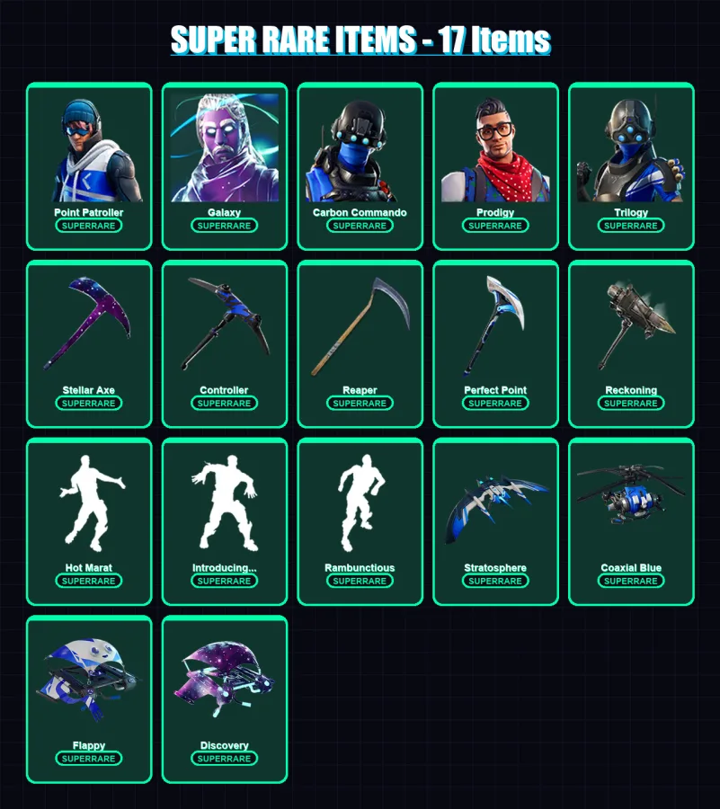 [PS4/PS5/XBOX/PC] | Point Patroller | Galaxy | Carbon Commando | Prodigy | Trilogy | 128 skin | 126 pickaxe | 129 emote | 99 glider | Lv1776 — Fortnite account