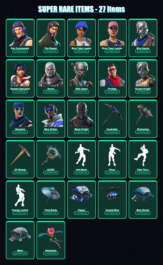 [PC] | Sub Commander | The Reaper | Blue Team Leader | Rose Team Leader | Blue Squire | 99 skin | 83 pickaxe | 83 emote | 92 glider | Lv1441