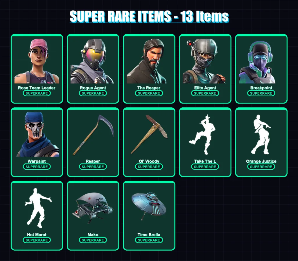 [PC/PSN] | Rose Team Leader | Rogue Agent | The Reaper | Elite Agent | Breakpoint | 106 skin | 110 pickaxe | 118 emote | 92 glider | Lv1506