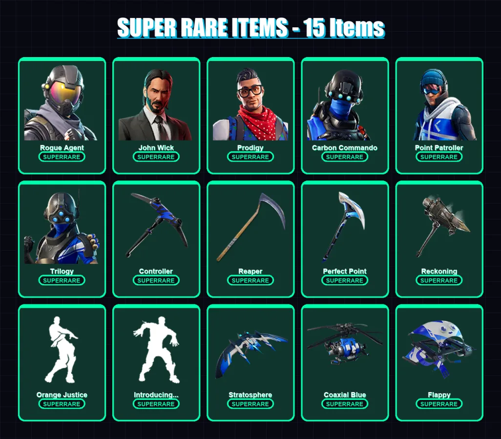[PS4/PS5/XBOX/PC] | Rogue Agent | John Wick | Prodigy | Carbon Commando | Point Patroller | 137 skin | 95 pickaxe | 109 emote | 86 glider | Lv1314