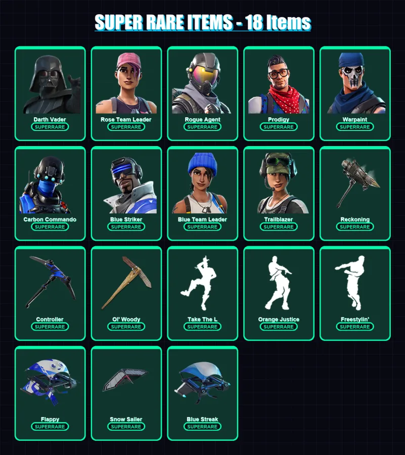 [PS4/PS5/XBOX/PC] | Darth Vader | Rose Team Leader | Rogue Agent | Prodigy | Warpaint | 87 skin | 77 pickaxe | 94 emote | 83 glider | Lv1038