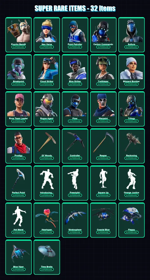 [PS4/PS5/XBOX/PC] | Psycho Bandit | Neo Versa | Point Patroller | Carbon Commando | Sultura | 208 skin | 208 pickaxe | 194 emote | 171 glider | Lv20