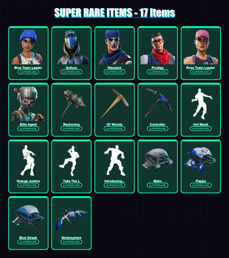 [PS4/PS5/XBOX/PC] | Blue Team Leader | Sultura | Warpaint | Prodigy | Rose Team Leader | 95 skin | 98 pickaxe | 127 emote | 107 glider | Lv1733