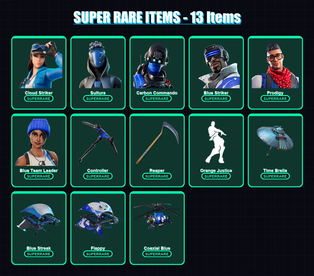 [PC] | Cloud Striker | Sultura | Carbon Commando | Blue Striker | Prodigy | 17 skin | 48 pickaxe | 32 emote | 49 glider | Lv606