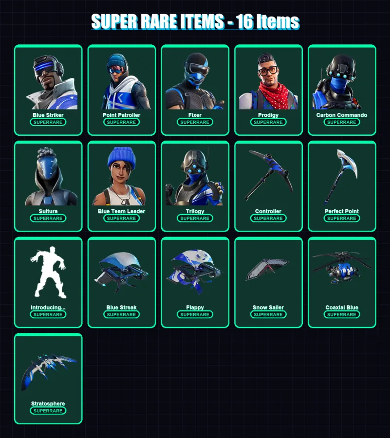 [PS4/PS5/XBOX/PC] | Blue Striker | Point Patroller | Fixer | Prodigy | Carbon Commando | 11 skin | 8 pickaxe | 4 emote | 8 glider | Lv29