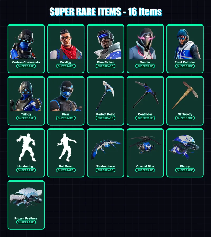 [PC] | Carbon Commando | Prodigy | Blue Striker | Xander | Point Patroller | 87 skin | 102 pickaxe | 83 emote | 83 glider | Lv1232 — Fortnite account