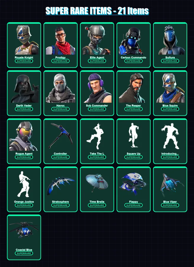 [PS4/PS5/XBOX/PC] | Royale Knight | Prodigy | Elite Agent | Carbon Commando | Sultura | 66 skin | 61 pickaxe | 55 emote | 70 glider | Lv879