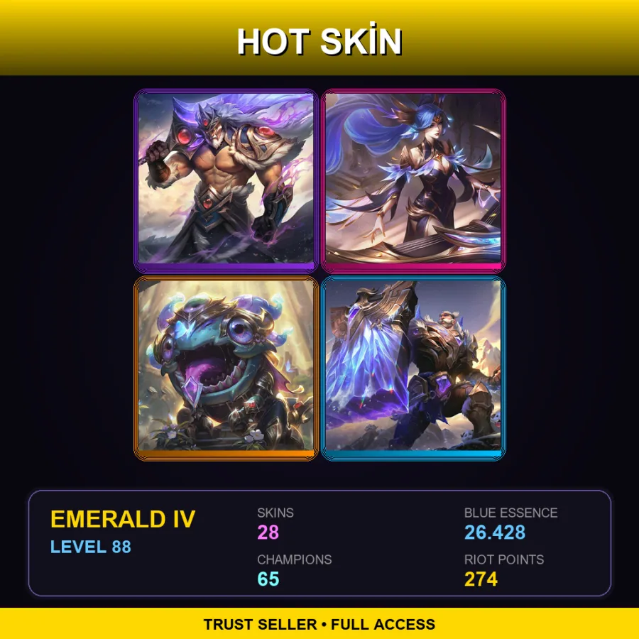 EUW | Victorious Tryndamere | Victorious Sona | Victorious Kog'Maw | Victorious Braum | 28 Skin | 65 Champ | Emerald IV | Lv88