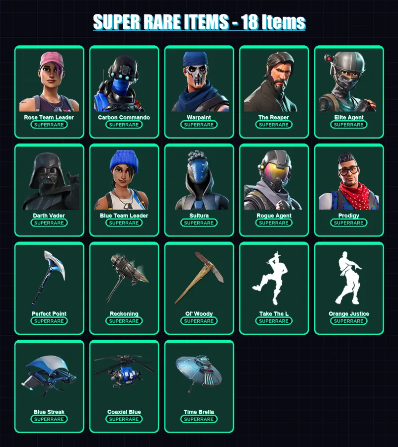 [PS4/PS5/XBOX/PC] | Rose Team Leader | Carbon Commando | Warpaint | The Reaper | Elite Agent | 129 skin | 99 pickaxe | 107 emote | 108 glider | Lv12 — Fortnite account