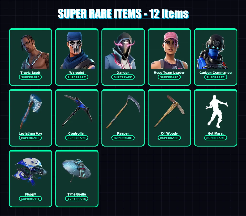 [PC/XBOX/PSN] | Travis Scott | Warpaint | Xander | Rose Team Leader | Carbon Commando | 134 skin | 139 pickaxe | 102 emote | 120 glider | Lv1860