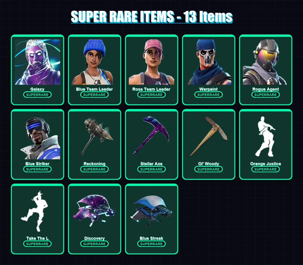 [PC] | Galaxy | Blue Team Leader | Rose Team Leader | Warpaint | Rogue Agent | 76 skin | 64 pickaxe | 64 emote | 59 glider | Lv723