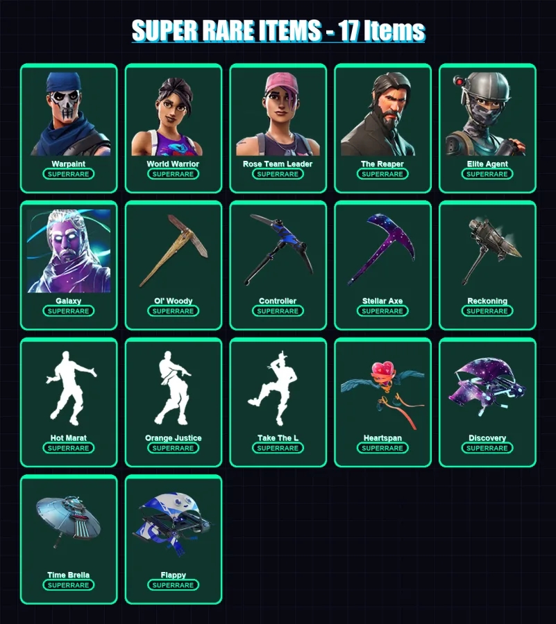 [PC/XBOX/PSN] | Warpaint | World Warrior | Rose Team Leader | The Reaper | Elite Agent | 99 skin | 95 pickaxe | 100 emote | 94 glider | Lv1308