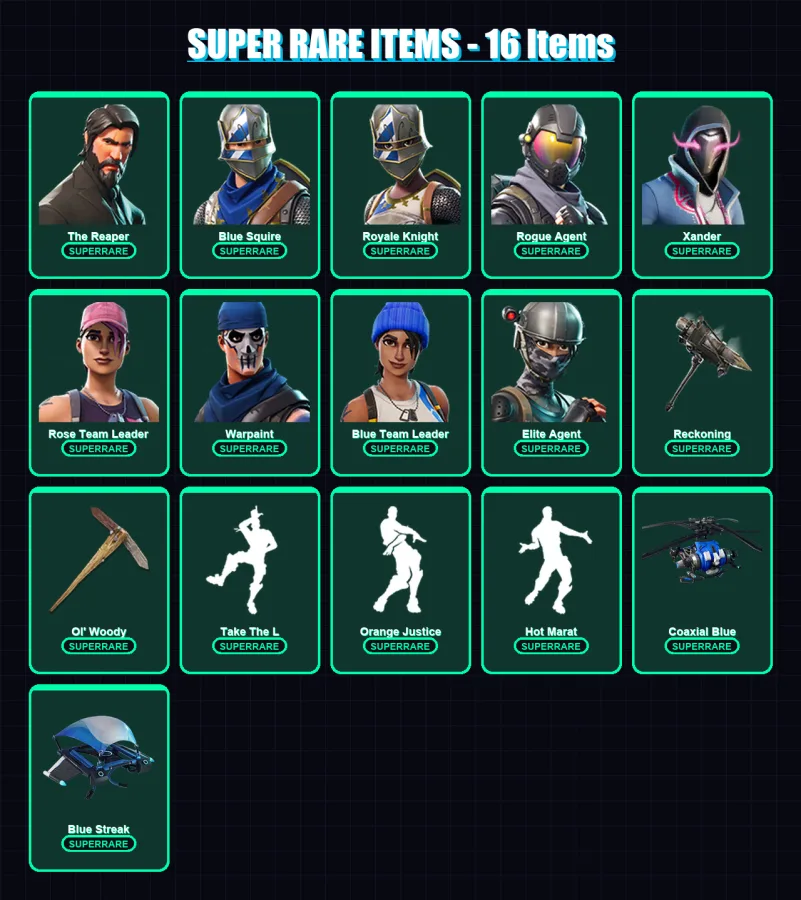 [PS4/PS5/XBOX/PC] | The Reaper | Blue Squire | Royale Knight | Rogue Agent | Xander | 88 skin | 68 pickaxe | 108 emote | 74 glider | Lv894