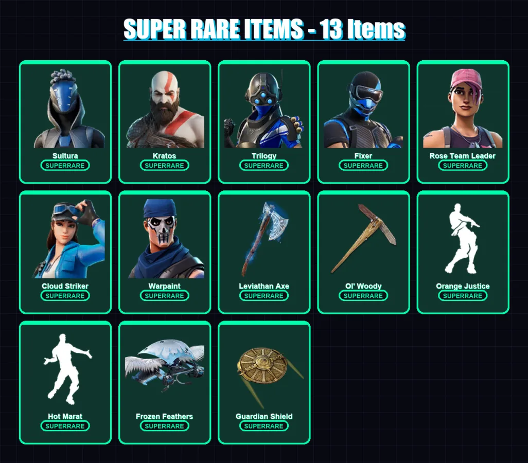[PC/XBOX/PSN] | Sultura | Kratos | Trilogy | Fixer | Rose Team Leader | 150 skin | 153 pickaxe | 106 emote | 133 glider | Lv2267