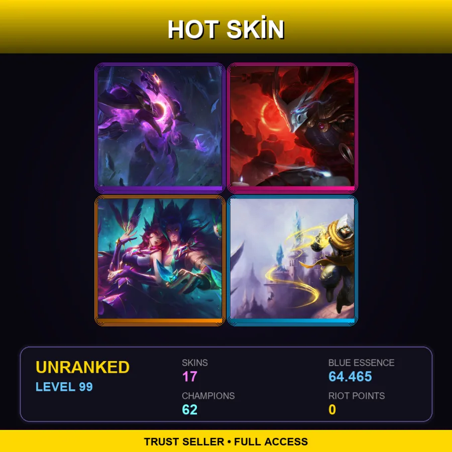 LAS | Lv99 | Unranked | 17 Skin | 62 Champ — LoL account