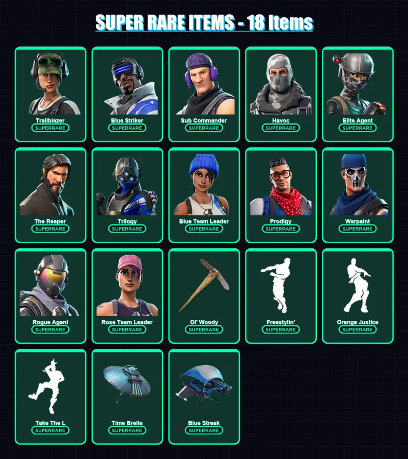 [PC] | Trailblazer | Blue Striker | Sub Commander | Havoc | Elite Agent | 100 skin | 84 pickaxe | 91 emote | 82 glider | Lv1247 — Fortnite account