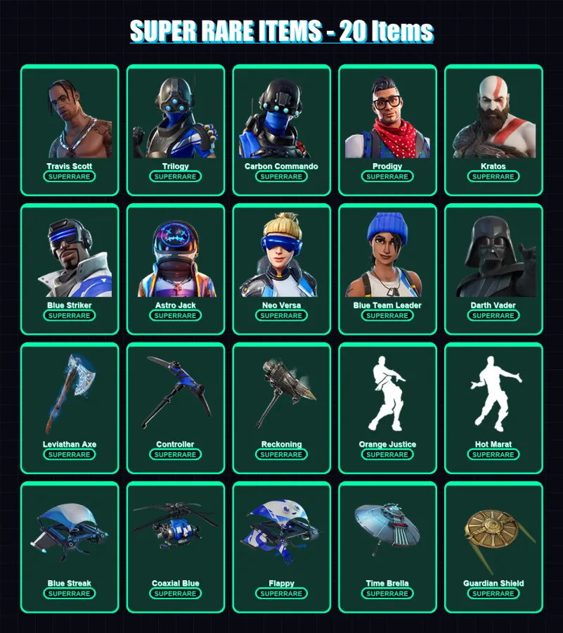 [PS4/PS5/XBOX/PC] | Travis Scott | Trilogy | Carbon Commando | Prodigy | Kratos | 237 skin | 137 pickaxe | 123 emote | 107 glider | Lv1616