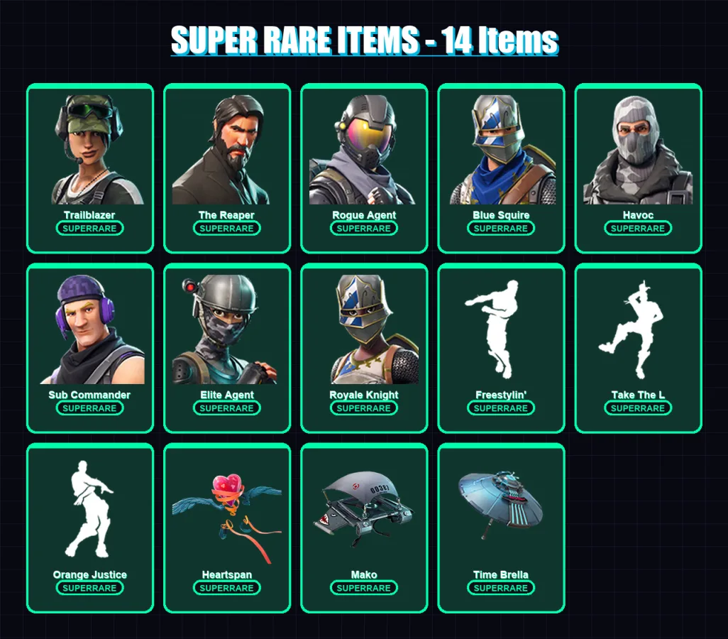 [PC/PSN] | Trailblazer | The Reaper | Rogue Agent | Blue Squire | Havoc | 50 skin | 38 pickaxe | 66 emote | 51 glider | Lv852