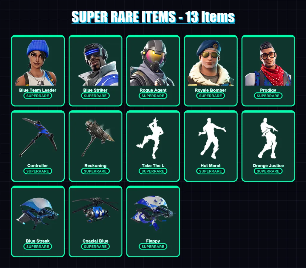 [PC/XBOX/PSN] | Blue Team Leader | Blue Striker | Rogue Agent | Royale Bomber | Prodigy | 51 skin | 39 pickaxe | 44 emote | 47 glider | Lv493
