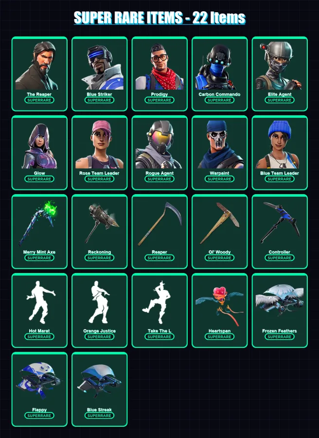 [PC/XBOX/PSN] | The Reaper | Blue Striker | Prodigy | Carbon Commando | Elite Agent | 115 skin | 76 pickaxe | 93 emote | 74 glider | Lv968