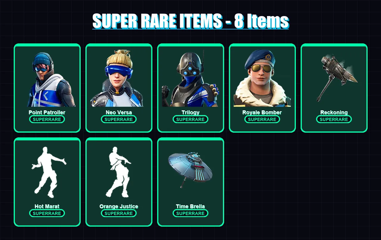 [PS4/PS5/XBOX/PC] | Point Patroller | Neo Versa | Trilogy | Royale Bomber | Optimus Prime | 129 skin | 172 pickaxe | 138 emote | 164 glider | Lv2494
