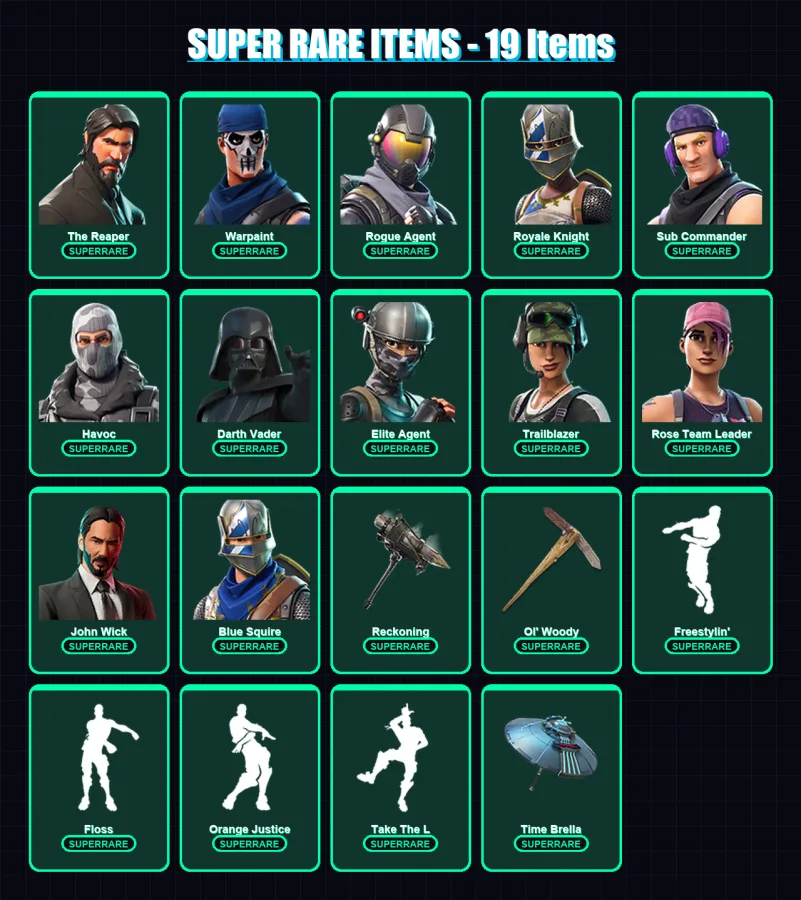 [PC/XBOX/PSN] | The Reaper | Warpaint | Rogue Agent | Royale Knight | Sub Commander | 150 skin | 125 pickaxe | 97 emote | 109 glider | Lv1109