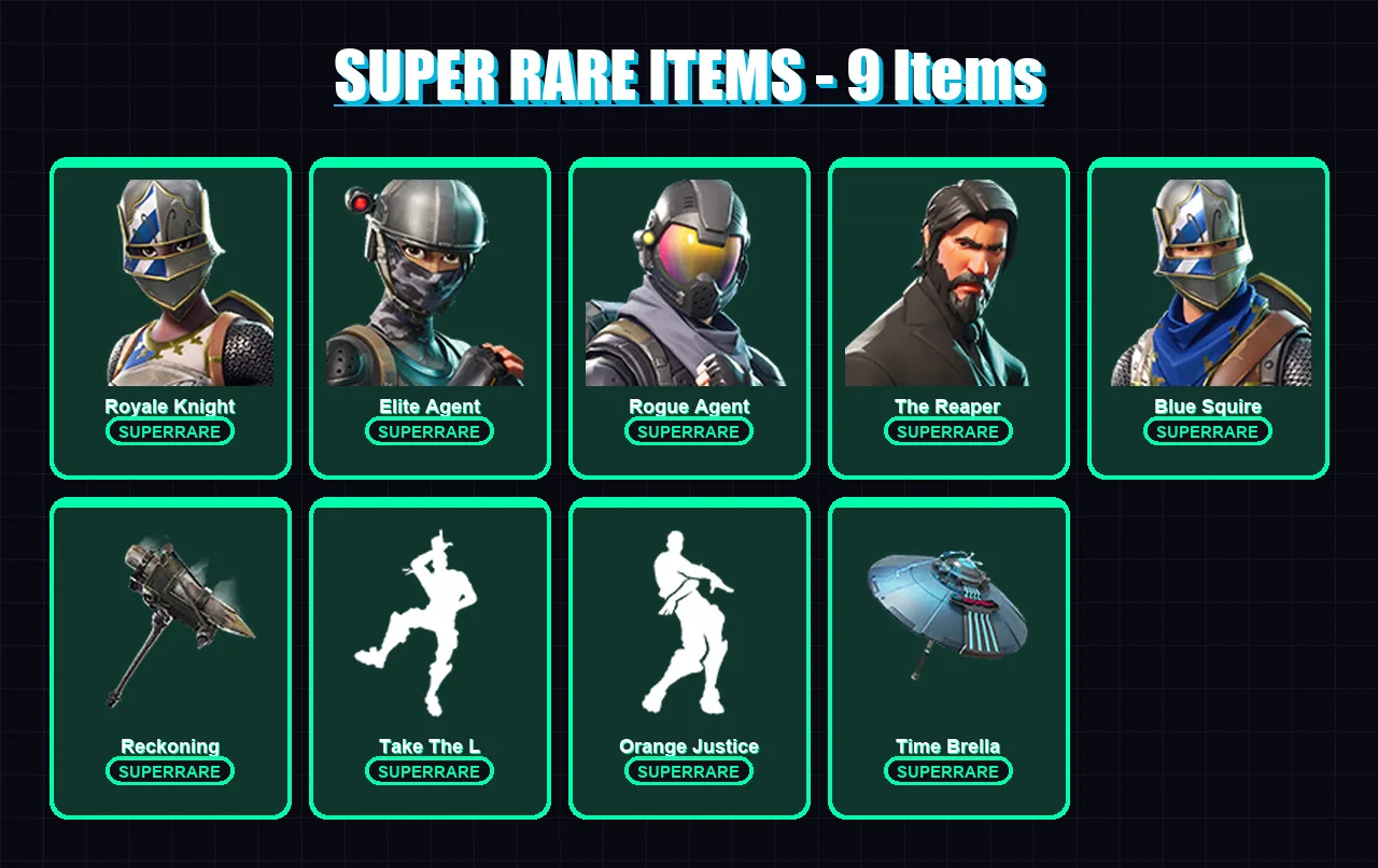 [PC/XBOX] | Royale Knight | Elite Agent | Rogue Agent | The Reaper | Blue Squire | 20 skin | 19 pickaxe | 23 emote | 20 glider | Lv355 — Fortnite account