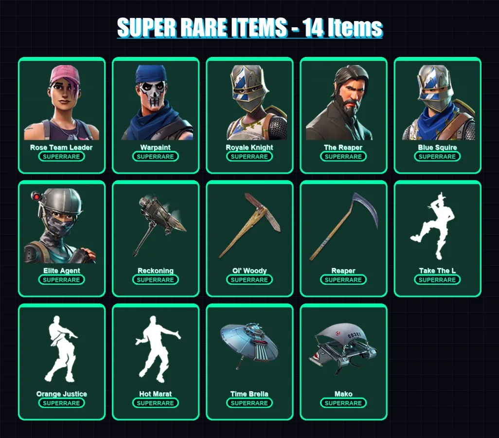 [PC/PSN] | Rose Team Leader | Warpaint | Royale Knight | The Reaper | Blue Squire | 40 skin | 41 pickaxe | 44 emote | 49 glider | Lv641 — Fortnite account