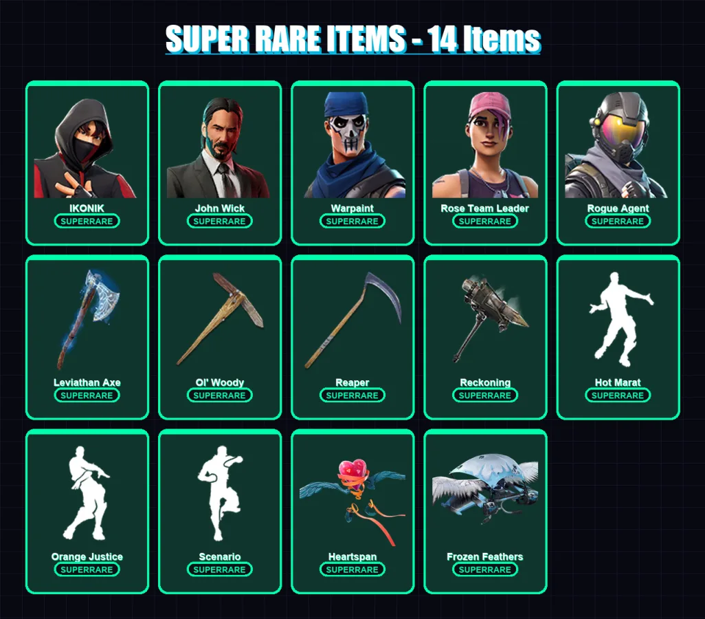 [PC/XBOX/PSN] | IKONIK | John Wick | Warpaint | Rose Team Leader | Rogue Agent | 70 skin | 49 pickaxe | 50 emote | 50 glider | Lv476