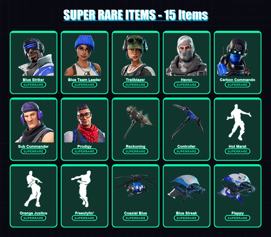 [PC/XBOX/PSN] | Blue Striker | Blue Team Leader | Trailblazer | Havoc | Carbon Commando | 33 skin | 24 pickaxe | 32 emote | 33 glider | Lv435