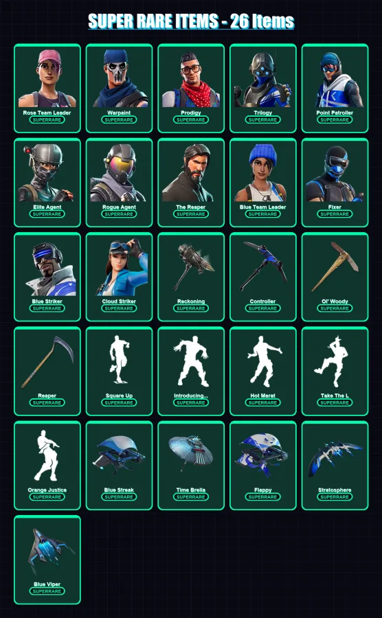 [PC/XBOX] | Rose Team Leader | Warpaint | Prodigy | Trilogy | Point Patroller | 98 skin | 103 pickaxe | 140 emote | 97 glider | Lv1561
