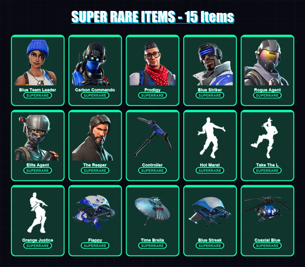 [PC/XBOX] | Blue Team Leader | Carbon Commando | Prodigy | Blue Striker | Rogue Agent | 46 skin | 75 pickaxe | 77 emote | 83 glider | Lv1281