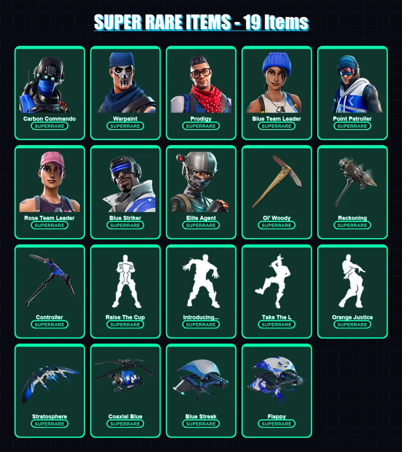 [PS4/PS5/XBOX/PC] | Carbon Commando | Warpaint | Prodigy | Blue Team Leader | Point Patroller | 51 skin | 67 pickaxe | 65 emote | 67 glider | Lv785
