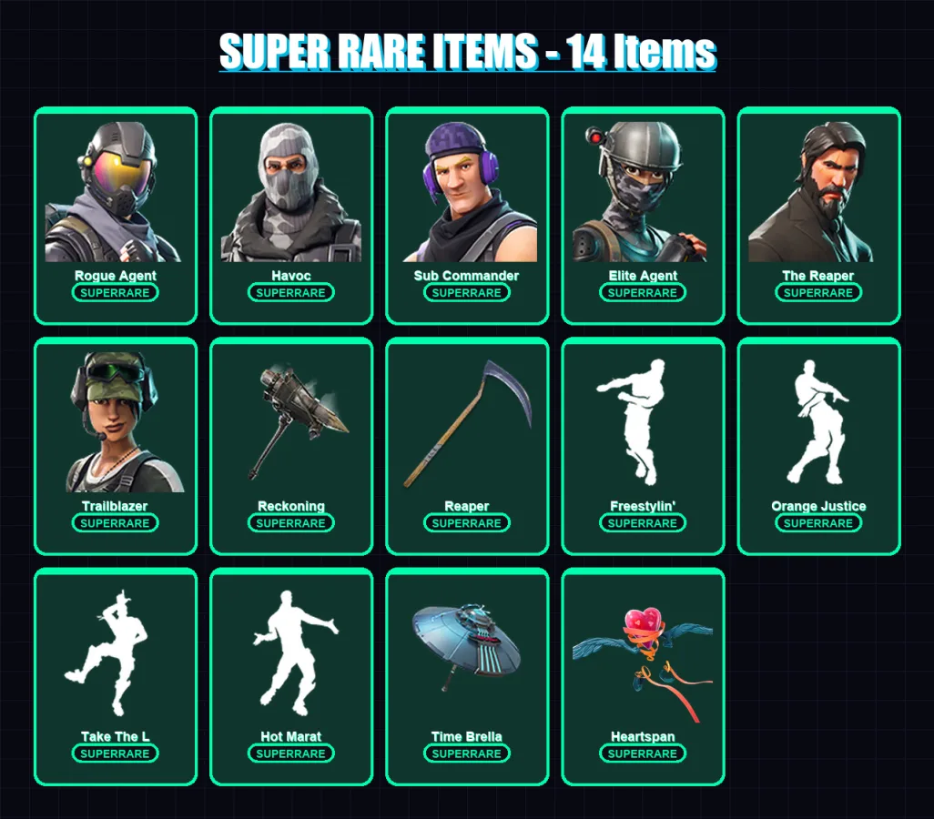 [PC/XBOX/PSN] | Rogue Agent | Havoc | Sub Commander | Elite Agent | The Reaper | 68 skin | 38 pickaxe | 52 emote | 44 glider | Lv595