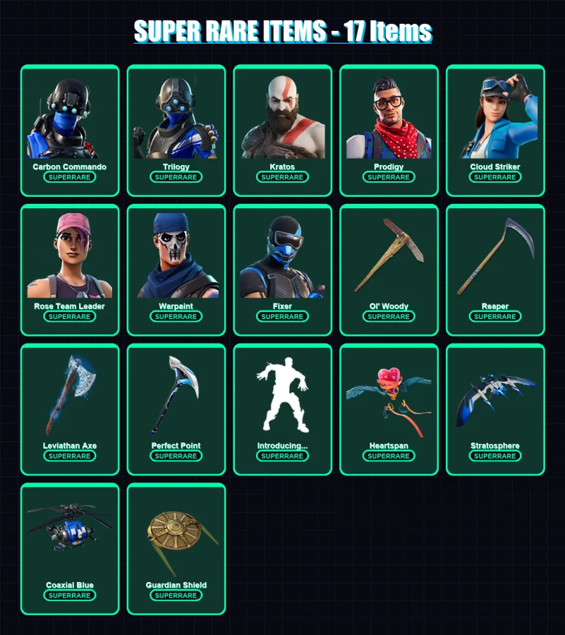 [PS4/PS5/XBOX/PC] | Carbon Commando | Trilogy | Kratos | Prodigy | Cloud Striker | 112 skin | 101 pickaxe | 93 emote | 86 glider | Lv1084