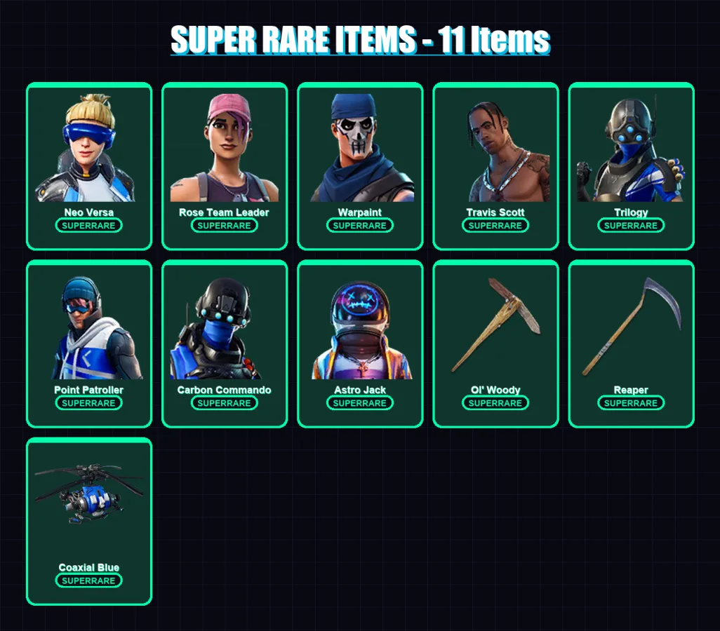 [PS4/PS5/XBOX/PC] | Neo Versa | Rose Team Leader | Warpaint | Travis Scott | Trilogy | 63 skin | 53 pickaxe | 68 emote | 48 glider | Lv677