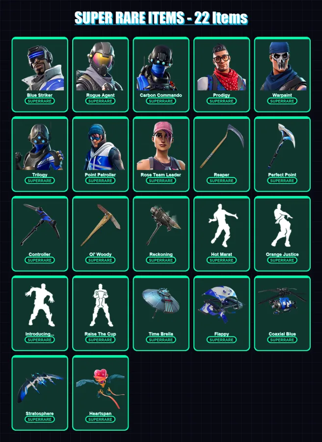 [PS4/PS5/XBOX/PC] | Blue Striker | Rogue Agent | Carbon Commando | Prodigy | Warpaint | 169 skin | 168 pickaxe | 140 emote | 154 glider | Lv2233