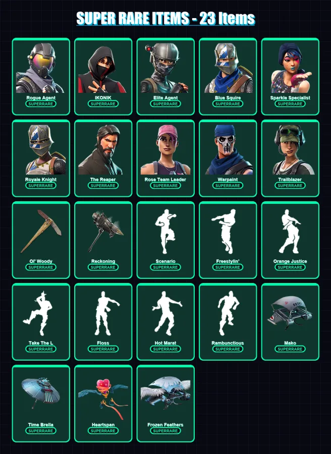 [PC/XBOX/PSN] | Rogue Agent | IKONIK | Elite Agent | Blue Squire | Sparkle Specialist | 93 skin | 99 pickaxe | 96 emote | 93 glider | Lv1409