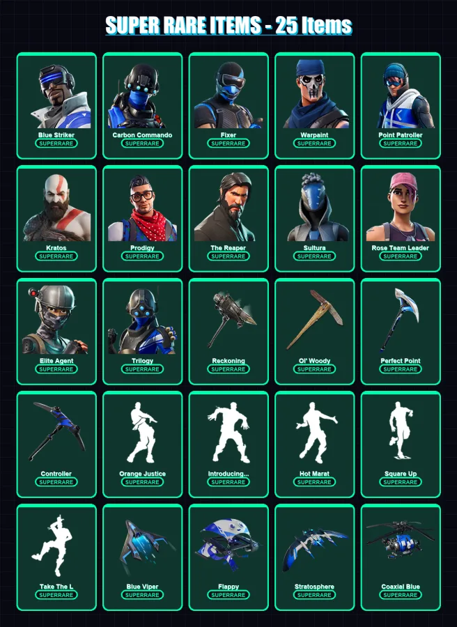 [PS4/PS5/XBOX/PC] | Blue Striker | Carbon Commando | Fixer | Warpaint | Point Patroller | 176 skin | 207 pickaxe | 165 emote | 193 glider | Lv2696