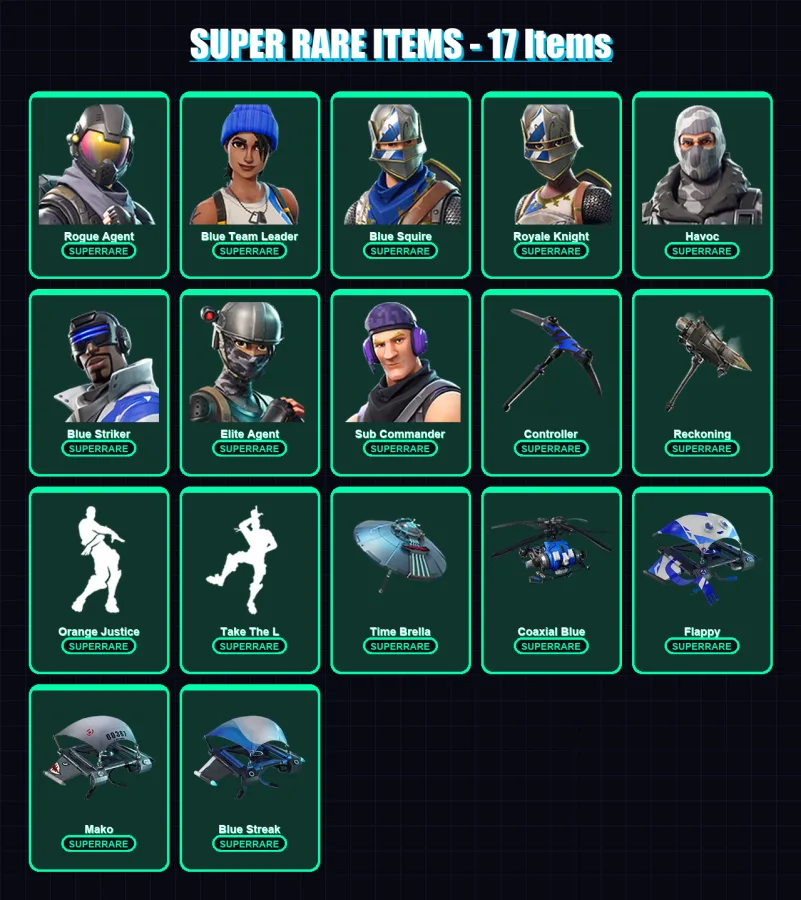 [PS4/PS5/XBOX/PC] | Rogue Agent | Blue Team Leader | Blue Squire | Royale Knight | Havoc | 29 skin | 23 pickaxe | 32 emote | 38 glider | Lv571