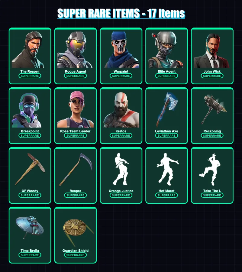 [PC/XBOX/PSN] | The Reaper | Rogue Agent | Warpaint | Elite Agent | John Wick | 85 skin | 65 pickaxe | 64 emote | 59 glider | Lv767