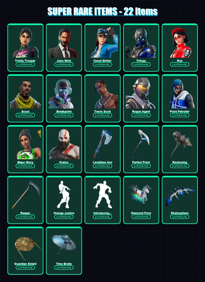 [PC] | Trinity Trooper | John Wick | Cloud Striker | Trilogy | Rue | 512 skin | 394 pickaxe | 330 emote | 211 glider | Lv2404