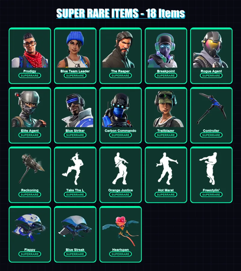 [PC/XBOX/PSN] | Prodigy | Blue Team Leader | The Reaper | Breakpoint | Rogue Agent | 86 skin | 44 pickaxe | 71 emote | 61 glider | Lv649