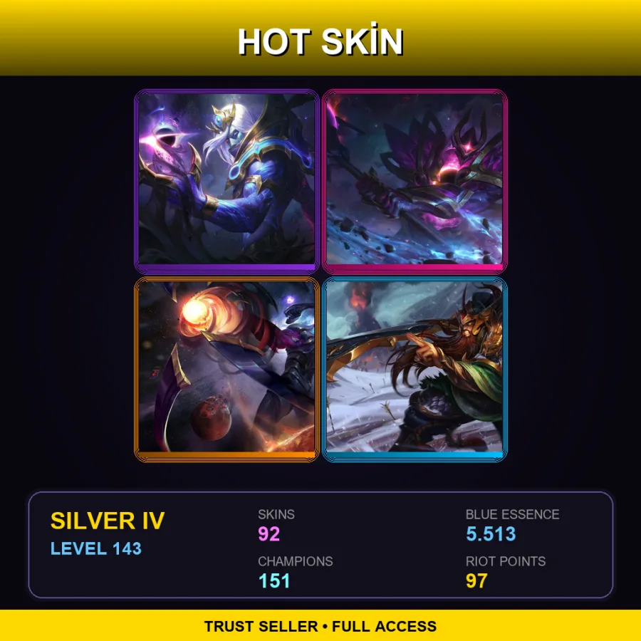 EUNE | Lv143 | Silver IV | 92 Skin | 151 Champ — LoL account