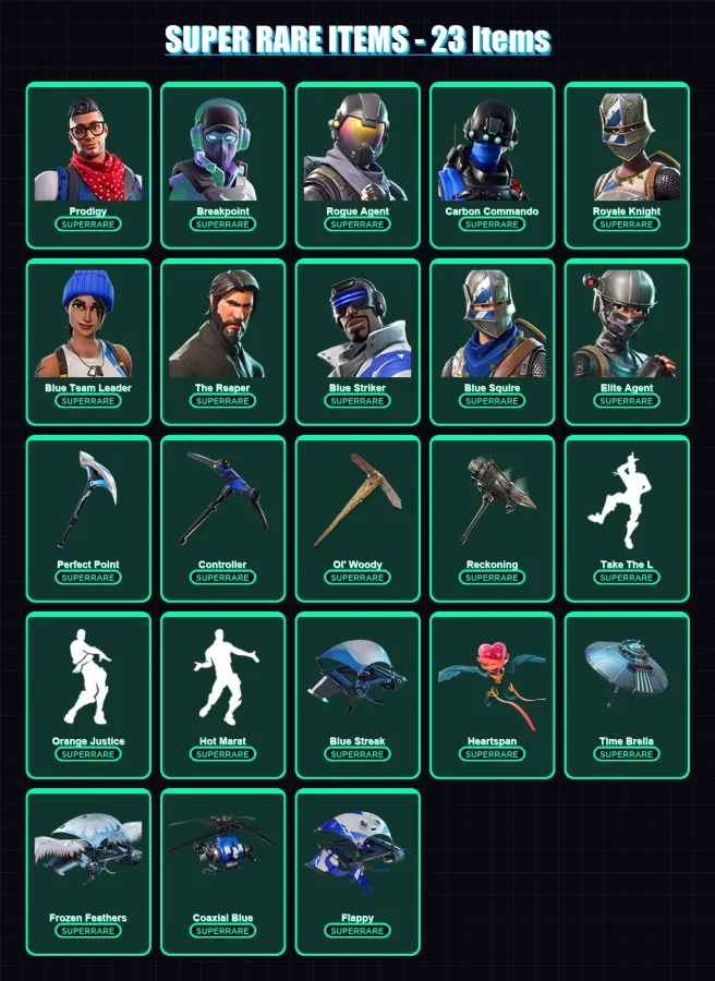 [PS4/PS5/XBOX/PC] | Prodigy | Breakpoint | Rogue Agent | Carbon Commando | Royale Knight | 118 skin | 95 pickaxe | 102 emote | 94 glider | Lv1207