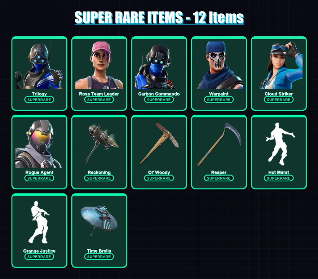 [PC] | Trilogy | Rose Team Leader | Carbon Commando | Warpaint | Cloud Striker | 125 skin | 122 pickaxe | 103 emote | 108 glider | Lv1363