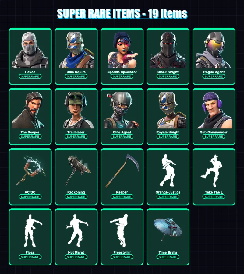 [PC/XBOX/PSN] | Havoc | Blue Squire | Sparkle Specialist | Black Knight | Rogue Agent | 64 skin | 44 pickaxe | 60 emote | 60 glider | Lv904